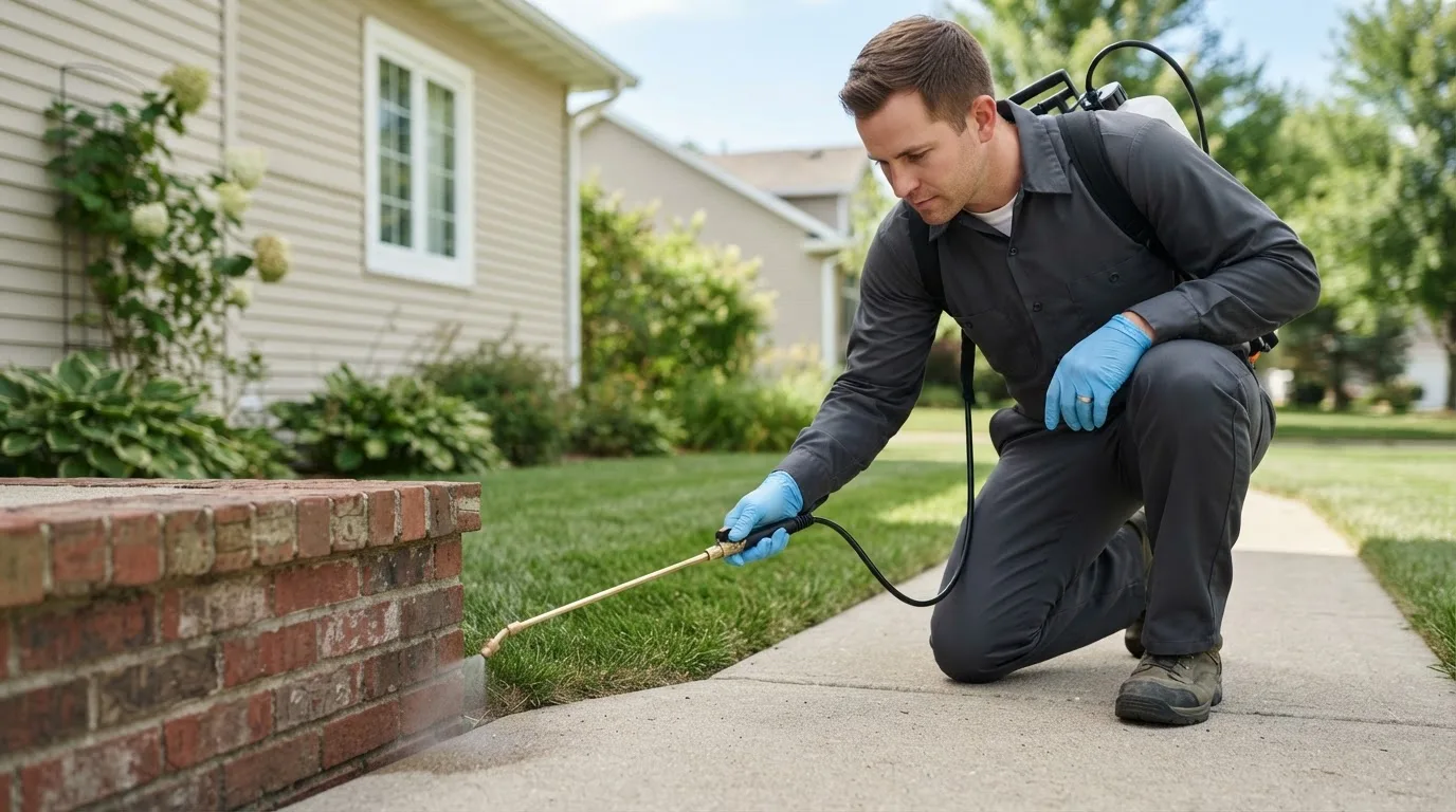 Pest control technician treating a home near Parma, MO